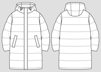 Long quilted down jacket. Padded warm jacket. Vector technical sketch. Mockup template.