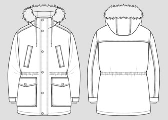 Padded winter parka. Men's oversized coat with hood and fur trim. Vector technical sketch. Mockup template.