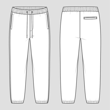 Loose fit joggers. Sweat jogger pants with an elasticated drawstring waist in a relaxed style. Men's casual wear. Vector technical sketch. Mockup template.