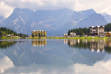 Fototapeta premium Belluno, Italy - August 17, 2018: resort town on Lake Misurina - one of the highest mountainous