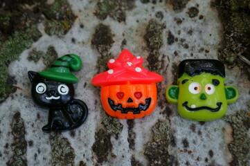 Halloween-themed scenery close-up. Pumpkin, black cat and green monster.