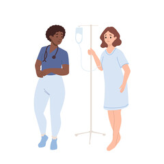 Female patient with dropper at hospital. Woman standing with intravenous dropper line. Vitamins dripping, Iv therapy, cancer disease, oncology. Doctor or nurse in face mask talking to patient