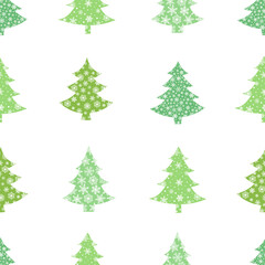 Seamless pattern Christmas trees silhouette snowflakes vector illustration