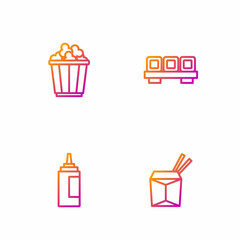 Set line Asian noodles and chopsticks, Sauce bottle, Popcorn in box and Sushi on cutting board. Gradient color icons. Vector