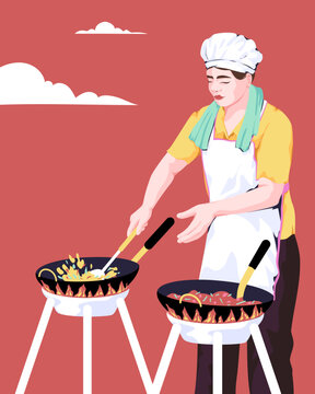 Chef cooking street food in wok outdoors