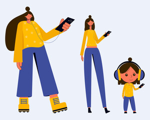fashion girls exaggerated with phone and headphones