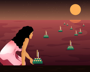 Girl with floating asian lantern at religious ceremony © Biruoh