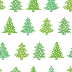 Seamless pattern Christmas trees silhouette snowflakes vector illustration