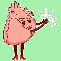 Physiological heart emoticon. Cute cardiology character claps his hands