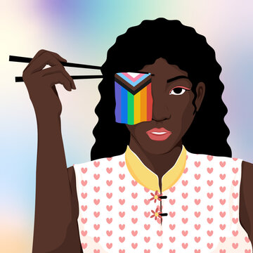 Black woman holding pride flag with chopsticks