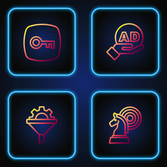 Set line Chess, Sales funnel with gear, Key and Advertising. Gradient color icons. Vector