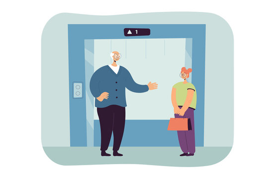 Good manners of polite elderly man and young woman. People greeting, standing at elevator door flat vector illustration. Courtesy, etiquette concept for banner, website design or landing web page