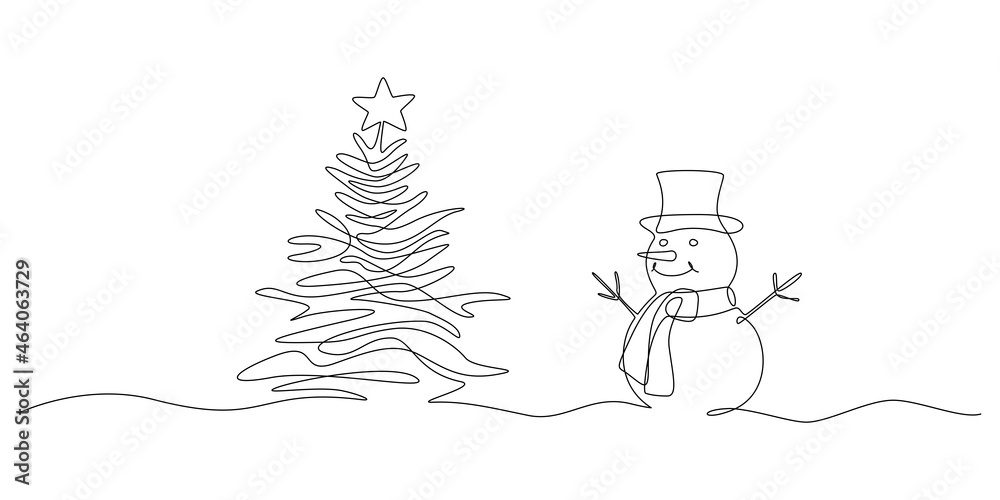 Wall mural Continuous one line drawing of christmas tree and Snowman in hat with scarf. Festive Winter card in doodle style. Liner Vector illustration