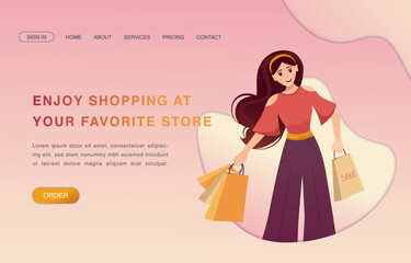 Fototapeta na wymiar Woman with purchases. Online Shopping, Store, E-commerce, Sale concept. Vector illustration for poster, banner, commercial, promo.