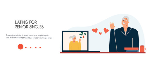 Landing page of a dating site for seniors. A man and a woman do not meet online. Website template. Vector illustration in flat style