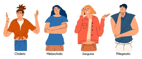 A set of people with different types of temperament. Choleric, sanguine, melancholic, phlegmatic. A collection of people with individual characters. Vector illustration in flat style
