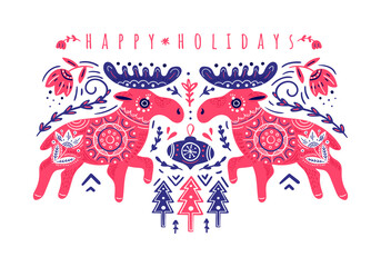 Christmas greeting card with moose. Happy holidays. Vector Christmas card, folklore style. 