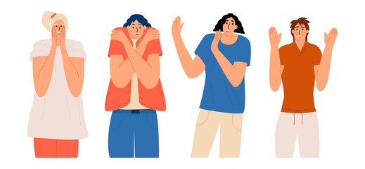 The women are scared. A set of characters with different emotions of surprise, shock, panic, fear. Female phobias. Vector illustration in flat style