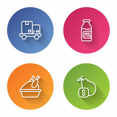 Set line Hand truck and boxes, Bottle with milk, Roasted turkey or chicken and Price tag for pear. Color circle button. Vector