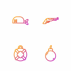 Set line Bomb ready to explode, Lifebuoy, Pirate bandana for head and Vintage pistol. Gradient color icons. Vector