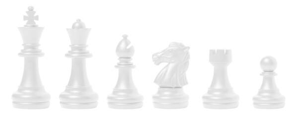 isolated white chess set chess piece king, queen, bishop, knight horse, rook, pawn on white background. business, competition, strategy, decision concept.