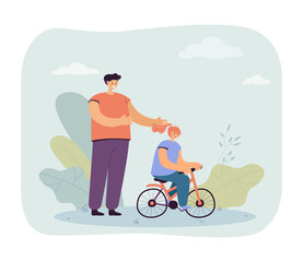 Cartoon father teaching daughter to ride bicycle. Man cheering for little girl on bike flat vector illustration. Family, parenting, fatherhood concept for banner, website design or landing page