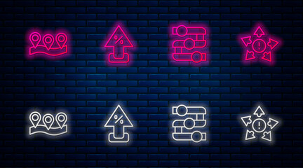 Set line Percent up arrow, Graph, chart, diagram, Location and Many ways directional. Glowing neon icon on brick wall. Vector