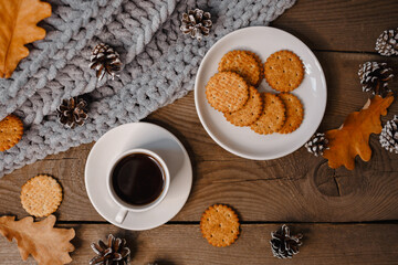 food, coffee and cookies, autumn and leaves