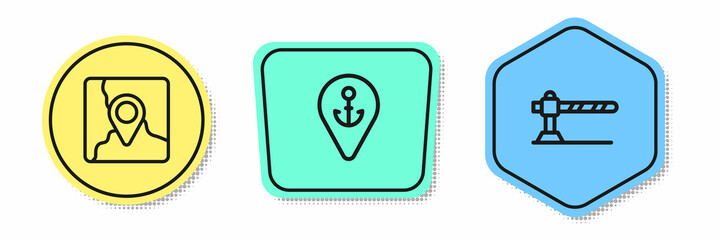 Set line Folded map with location marker, Location anchor and Parking car barrier. Colored shapes. Vector