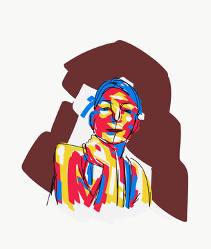 Vector illustration of woman touching neck and looking at camera