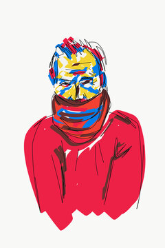 Illustration of man covering mouth with red scarf