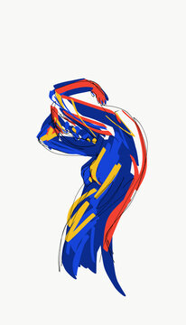 Vector image of naked lady standing with raised arms and looking down