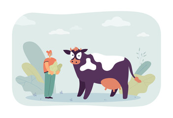 Cartoon girl feeding leaves to cow. Female character working on farm flat vector illustration. Agriculture, nature, farming, domestic animals concept for banner, website design or landing web page