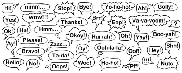 Set of speech bubbles with exclamation words isolated on white background. Emotions of joy, relief, admiration. surprise, sarcasm, boredom, requests for silence, irritation. Line in black. Vector.