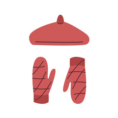 Trendy beret and mittens in red, a set of accessories. Modern Winter Clothing for spring, autumn or winter. Simple vector illustration in flat style isolated on white background.