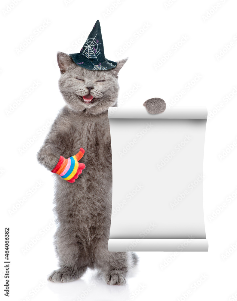 Poster happy cat wearing hat for halloween shows empty list and thumbs up gesture. isolated on white backgr