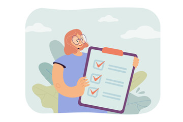 Woman holding checklist with done mark on clipboard. Girl with complete check list flat vector illustration. Business document, questionnaire concept for banner, website design or landing web page