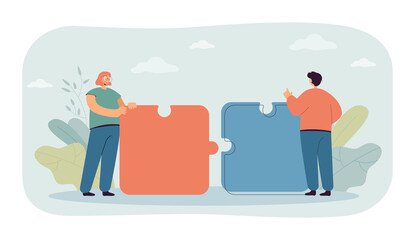 Man and woman connecting puzzle jigsaw together. Teamwork of two tiny people holding pieces flat vector illustration. Partnership, cooperation concept for banner, website design or landing web page