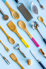 Flat lay of kinchen appliance and utensils for cooking background