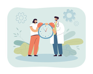 Happy doctor and patient holding alarm clock. Woman and man in uniform setting time for medication or appointment flat vector illustration. Health, medicine concept for banner or landing web page