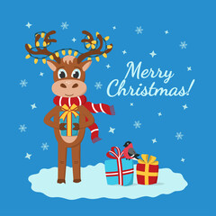 Merry Christmas card concept with cartoon deer in red scarf, holding a gift, and snowflakes. Christmas garland tangled in deer antlers. Small bullfinch sitting on gift box. Vector flat illustration