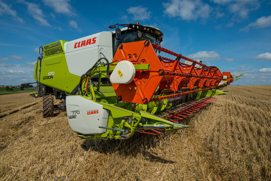 TERNOPIL REGION, UKRAINE - August 10, 2021: at the demonstration of agricultural machinery - combines harvester CLAAS 670 Lexion 
