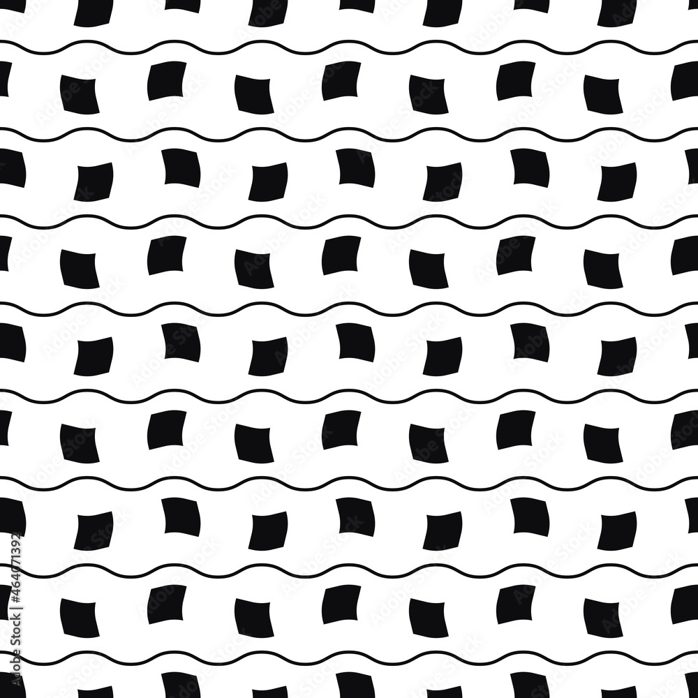 Poster Horizontally lined black cubes, float a little, as if on waves. Vector seamless texture in black color.