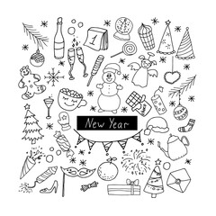 Doodle set of Christmas and New Year illustrations. The elements are drawn in the style of a doodle with an outline for a festive greeting, gift tag, postcard, label, sticker, banner, poster.