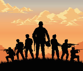 Fototapeta na wymiar seven soldiers sunset scene