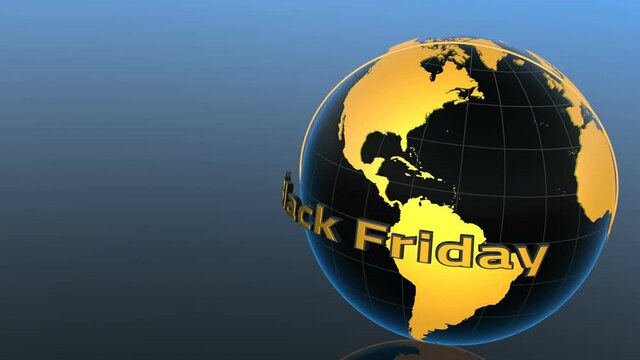 The words Black Friday around a 3D rotating planet Earth globe against a blue gradient background with space for titles, text or logos on a seamless loop.