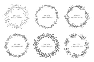 Set geometric flower wreath with leaves and branches. Botany round frame isolated on white background. For wedding invitations, postcards, posters, labels of cosmetics and perfumes. 