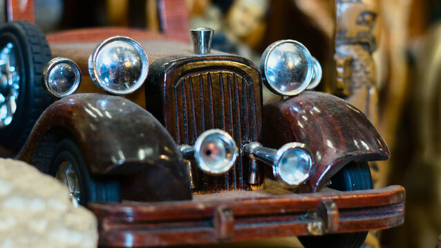 Closeup Shot Of An Old Dusty Vintage Toy Wooden Car Of A Valuable Collection