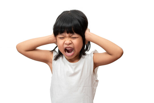 Portrait Of Angry Emotional Asian Girl Screaming And Frustrated Shouting With Anger, Crazy And Yelling And Hand Cover Ears On White Background, Attention Deficit Hyperactivity Disorder (ADHD) Concept