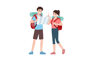 Group of young tourist characters. Traveling tourists with travel backpack going on vacation trip after covid-19 virus was diminish. Vacation people isolated vector. Summer character, woman and man. - obrazy, fototapety, plakaty